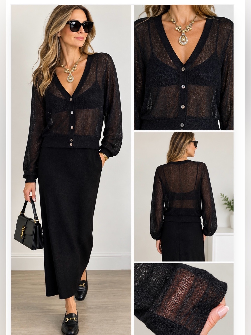 Black Sheer Knit Button-Front Cardigan Sweater